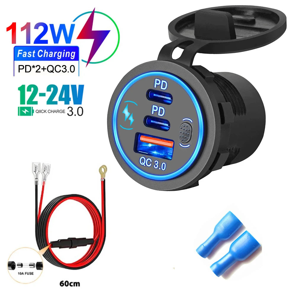 Prise Chargeur USB Voiture 78W PD3.0 QC3.0 Double Port USB-C Étanche LED 12V/24V – CLEVI Paris
