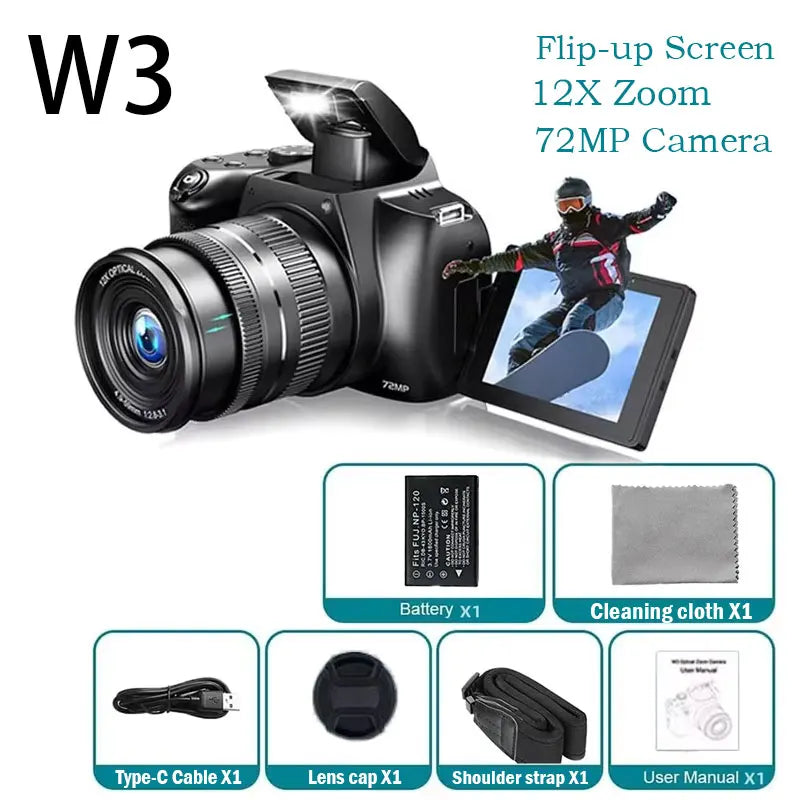 Appareil Photo Numérique Renear 4K – 72MP, Zoom 12x, Écran Rotatif, WiFi, Fill-in, Webcam, Vlogging & Live – CLEVI Paris