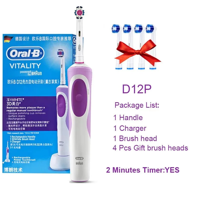 Brosse à Dents Électrique Oral-B Vitality D12 – Rotation 3D, Têtes FlexiSoft, IPX7, 7 Jours d'Autonomie – Têtes Offertes
