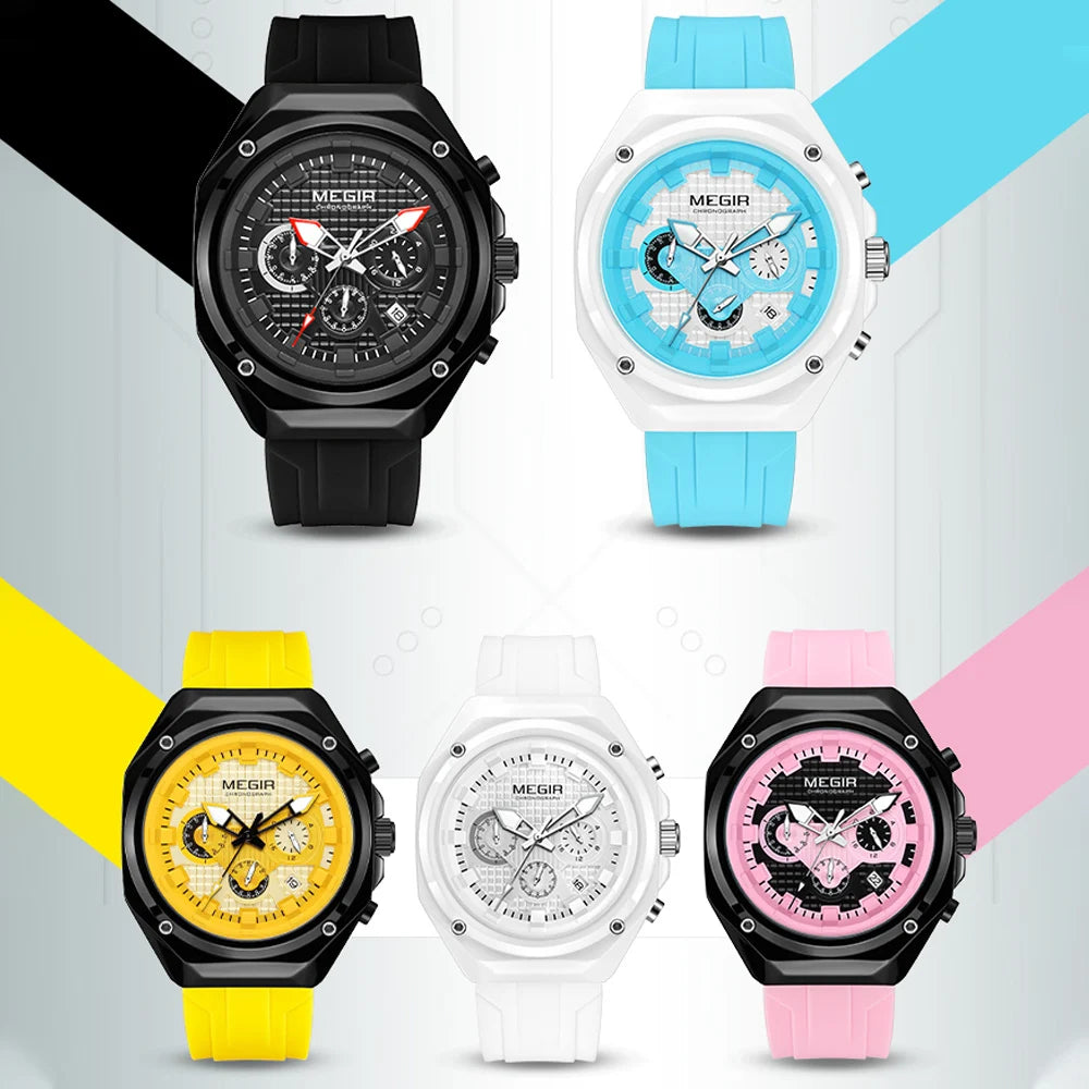 MEGIR 8118 Montre Homme Chronographe Quartz Bracelet Silicone 45mm Lumineux Calendrier 3 ATM 5 Coloris – CLEVI Paris