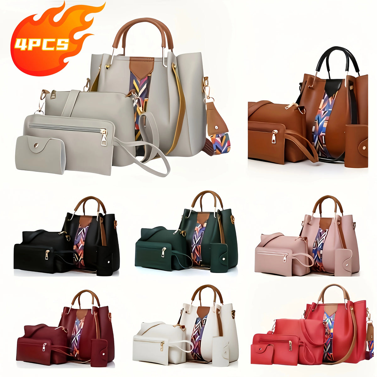 Coffret 4 Sacs Femme PU Rayé Tote + Croisé + Pochette + Porte-Cartes – CLEVI Paris