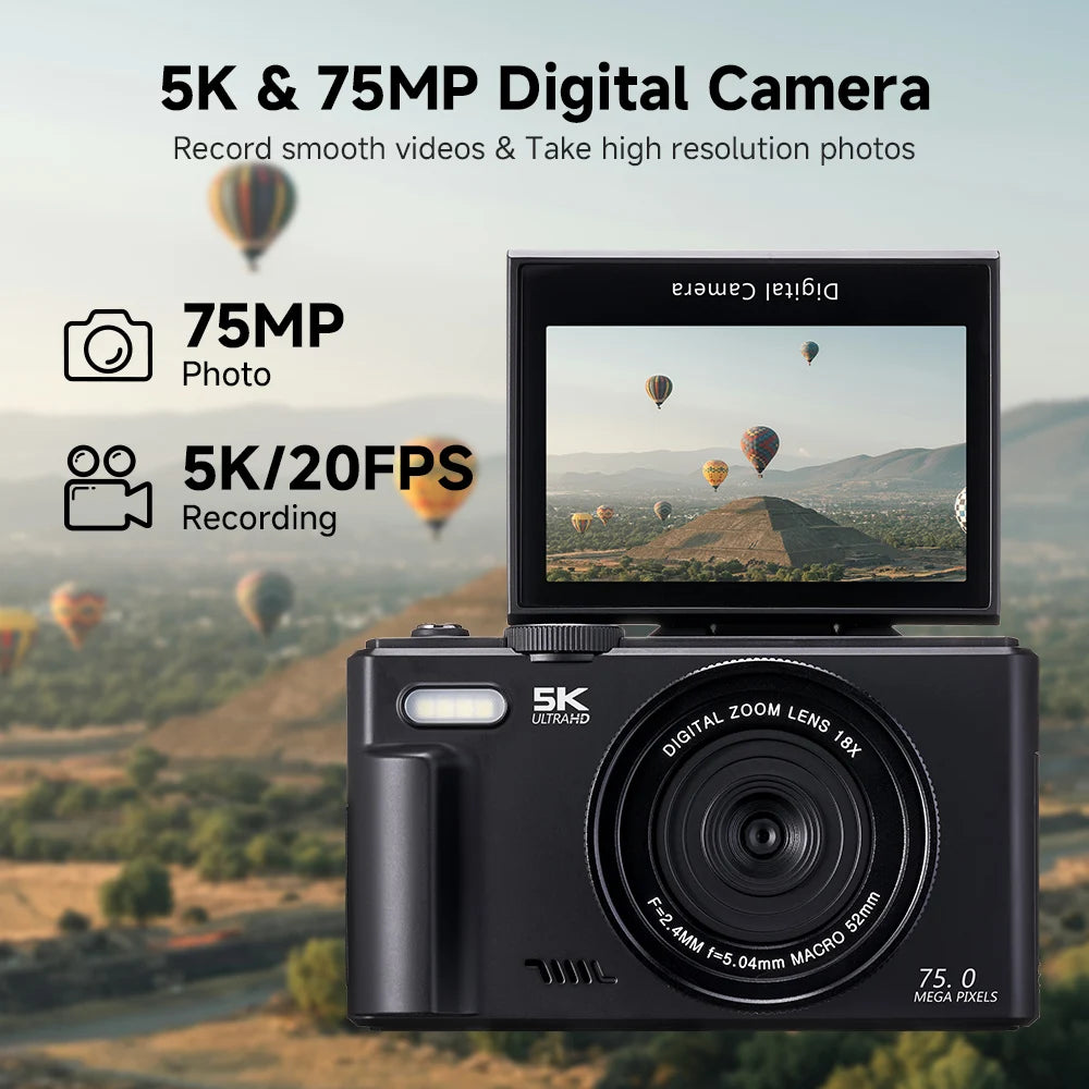 Appareil Photo 5K 75MP DIXSG – WiFi, Écran Rabattable 3", Zoom 18x, Flash, Webcam & Vlogging