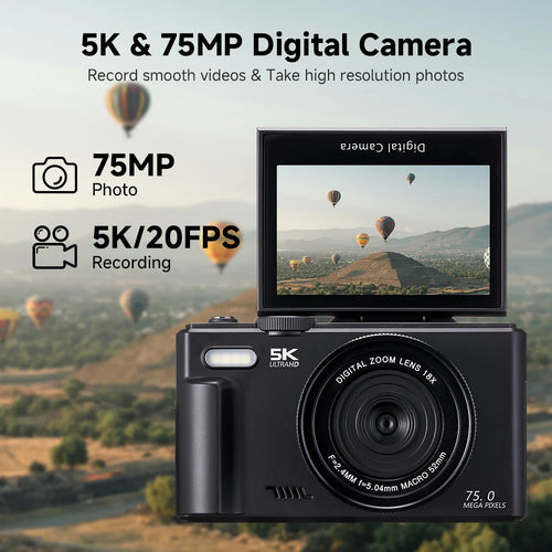 Appareil Photo 5K 75MP DIXSG – WiFi, Écran Rabattable 3", Zoom 18x, Flash, Webcam & Vlogging