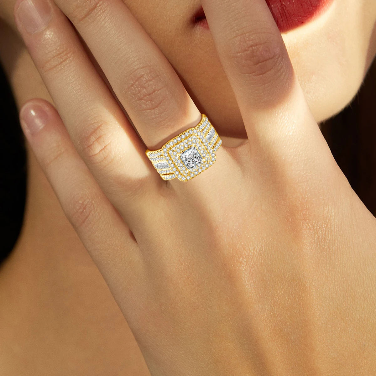 Bague Cluster Femme Moissanite Carrée 0,8ct Argent S925 Plaqué Or 18K – Fiançailles