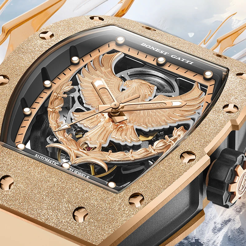 Montre BONEST GATTI BG5002 – Automatique Tonneau 45 mm, Cadran Aigle Lumineux, Verre Saphir, Bracelet Caoutchouc, Étanche 3 ATM – CLEVI Paris