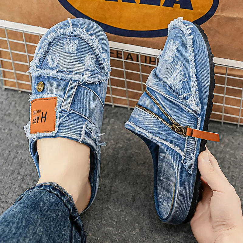Mules Denim Homme Bleu Jean Effiloché Fermeture Éclair N-6 – CLEVI Paris