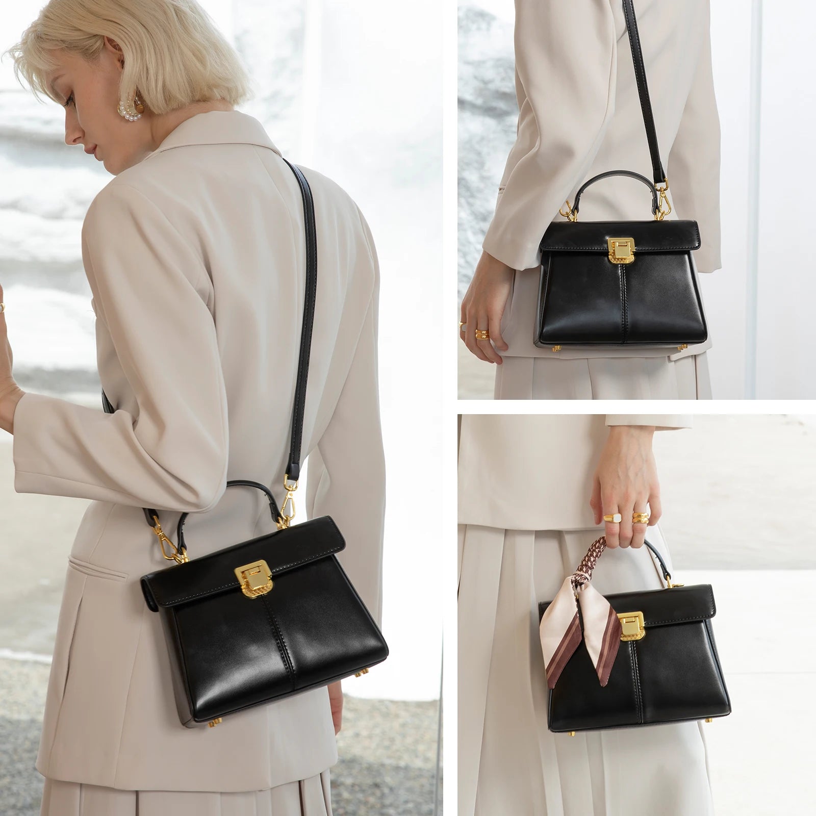 Sac à Main Femme Cuir Véritable avec Foulard Luxe Shoulder Bag 4 Coloris – CLEVI Paris