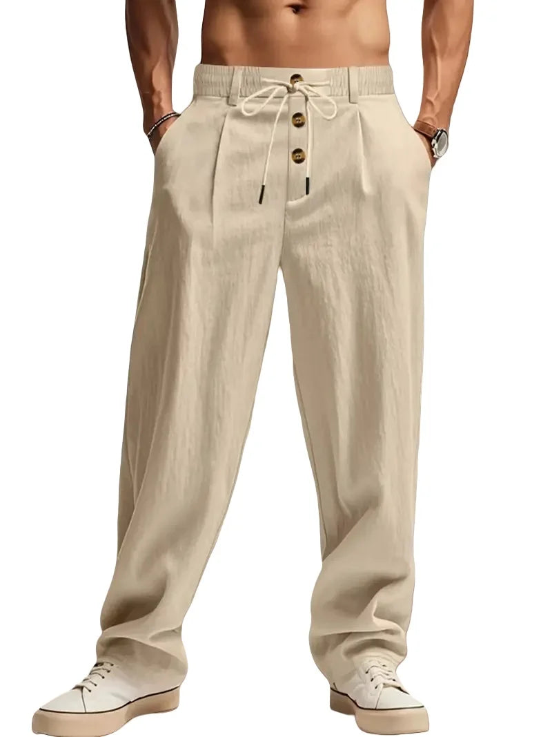 Pantalon Homme Lin Coupe Droite Loose Casual Sport Plage Cordon Taille Mi-Haute – CLEVI Paris