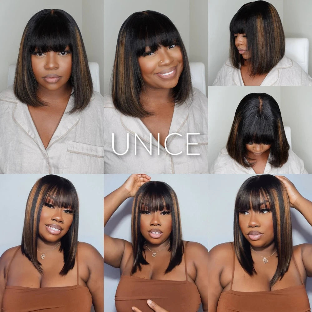 Perruque BOB Yaki Straight Balayage Highlights Frange 4x2 Lace Glueless 100% Cheveux Humains 10-14 Pouces – CLEVI Paris