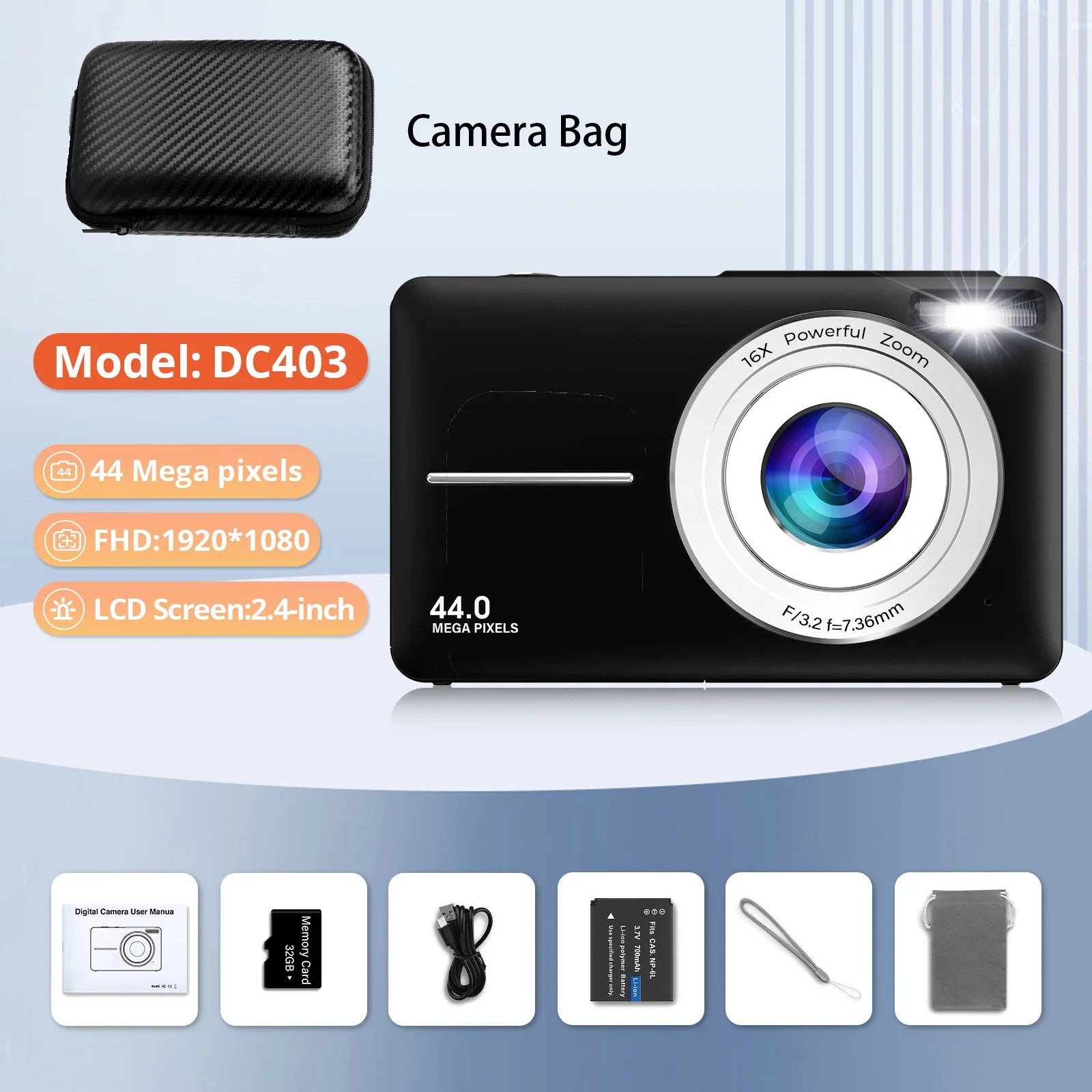 Appareil Photo Numérique Compact 44MP – Vidéo 1080P Zoom 16x Écran 2,4" Webcam Anti-Shake Enfants Débutants – CLEVI Paris
