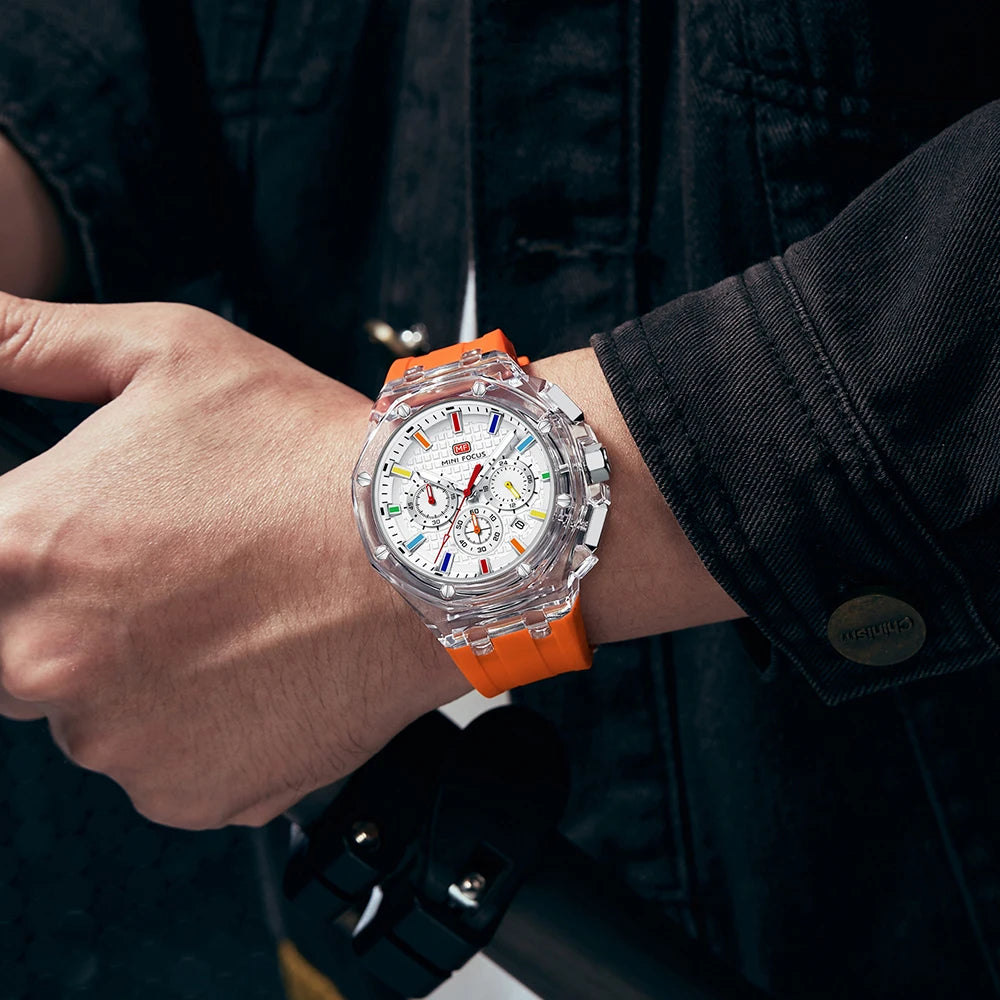 Montre Quartz Homme MINI FOCUS MF0616G – Chronographe, Boîtier Transparent & Aiguilles Lumineuses