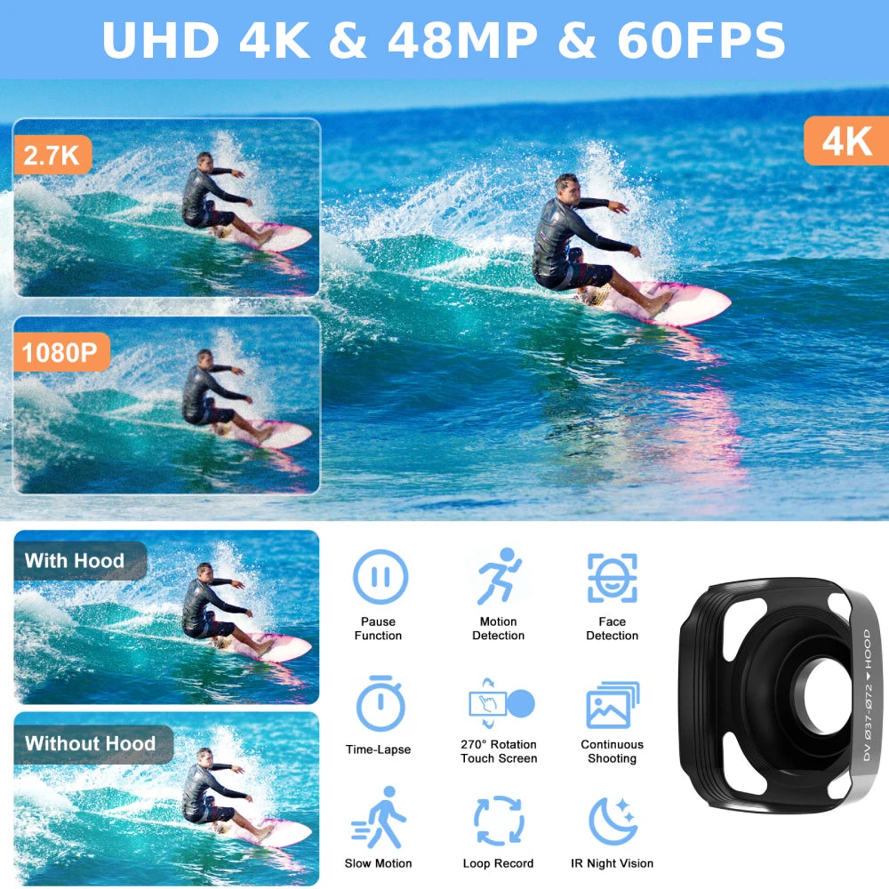 Caméscope MELCAM 4K 60fps 48MP – Vision Nocturne IR, WiFi, Écran Tactile 270°, Stabilisateur, Micro, Télécommande 2,4G – CLEVI Paris