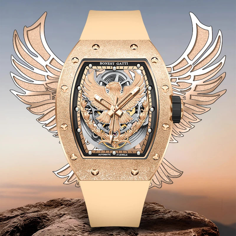 Montre BONEST GATTI BG5002 – Automatique Tonneau 45 mm, Cadran Aigle Lumineux, Verre Saphir, Bracelet Caoutchouc, Étanche 3 ATM – CLEVI Paris