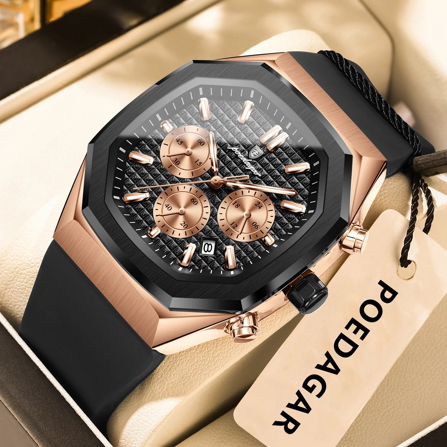 POEDAGAR Montre Quartz Homme Chronographe Carré Silicone Lumineux Date Auto – CLEVI Paris