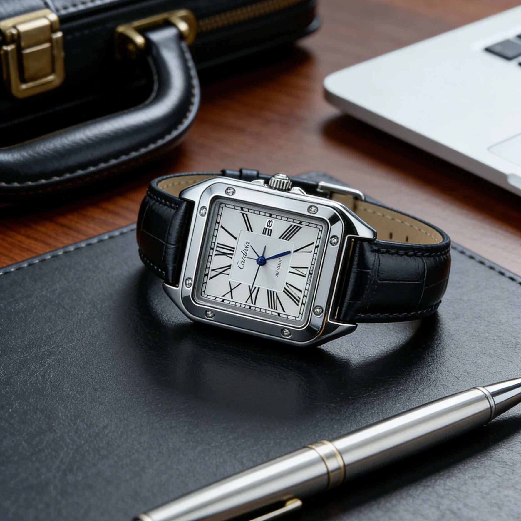 Montre Quartz Homme BLUO – Carrée Chiffres Romains Bracelet Cuir Affichage Date – CLEVI Paris