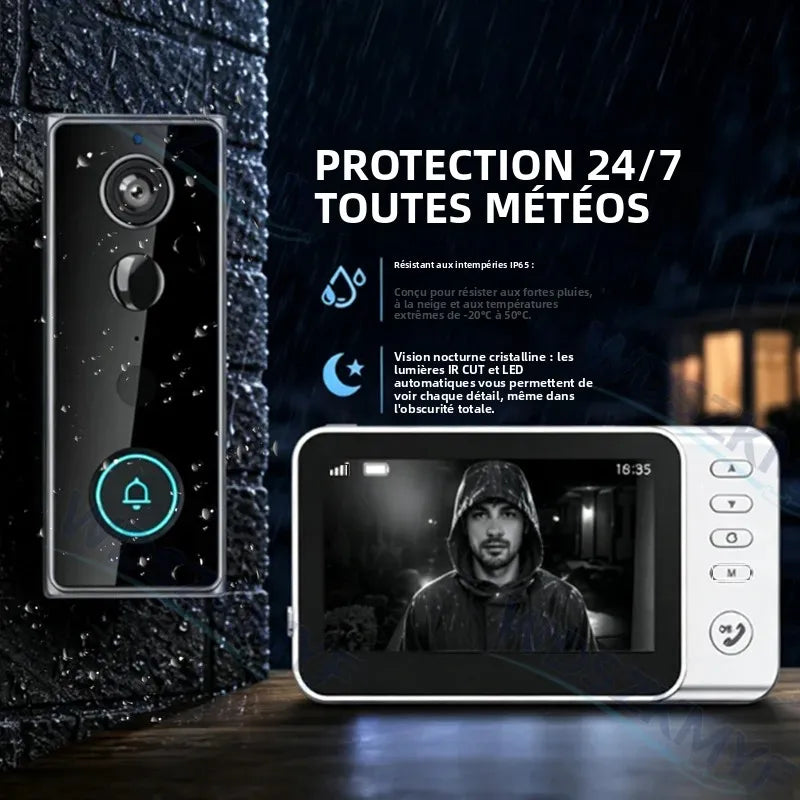 Sonnette Vidéo Sans Fil Écran IPS 4,3" IP65 Intercom 2,4G Vision Nocturne – CLEVI Paris