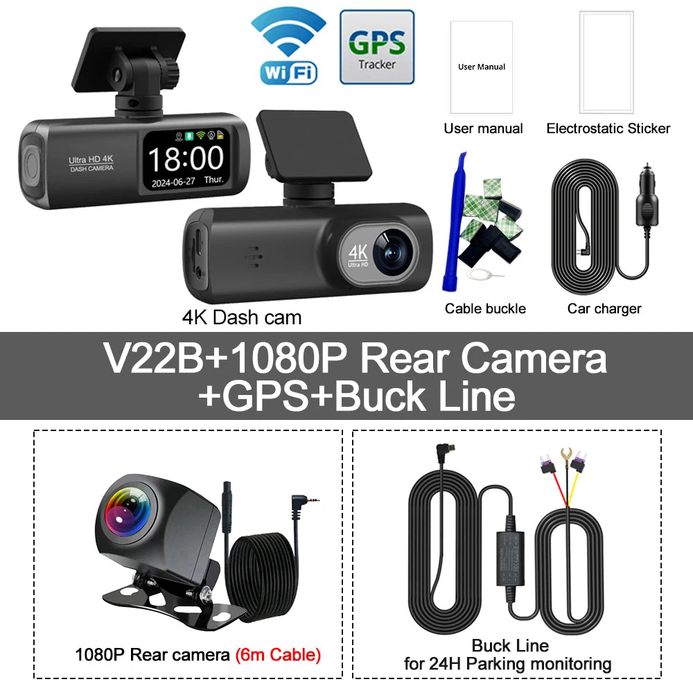 Dashcam 4K WiFi V22B – Double Objectif, GPS, Caméra Arrière 1080p, Surveillance Parking 24h – CLEVI Paris