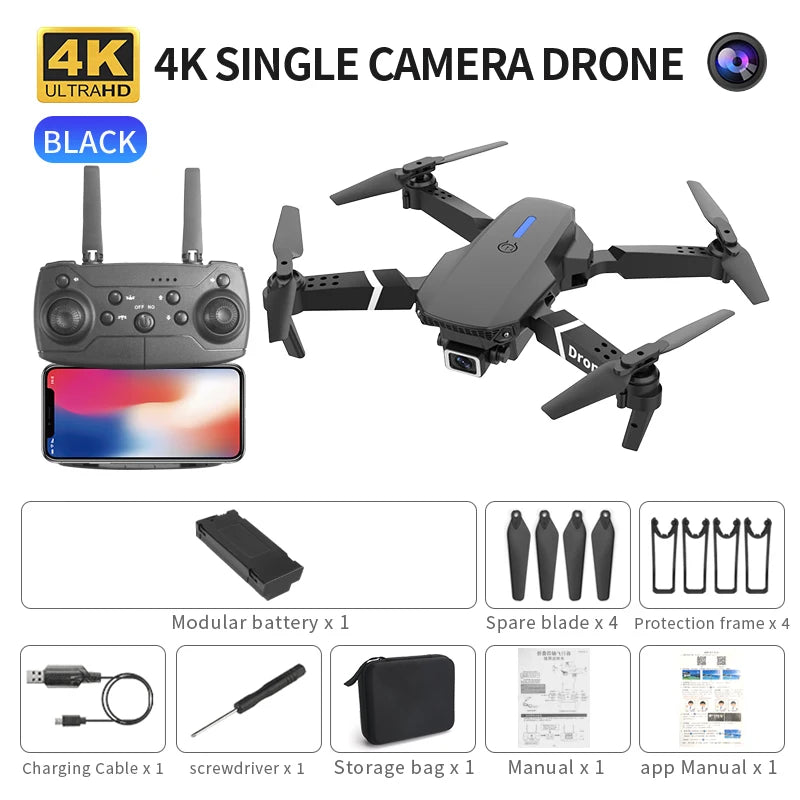Mini Drone E88 GPS 4K – Caméra Réglable 180°, Évitement d'Obstacles, Brushless & Suivi Automatique – CLEVI Paris