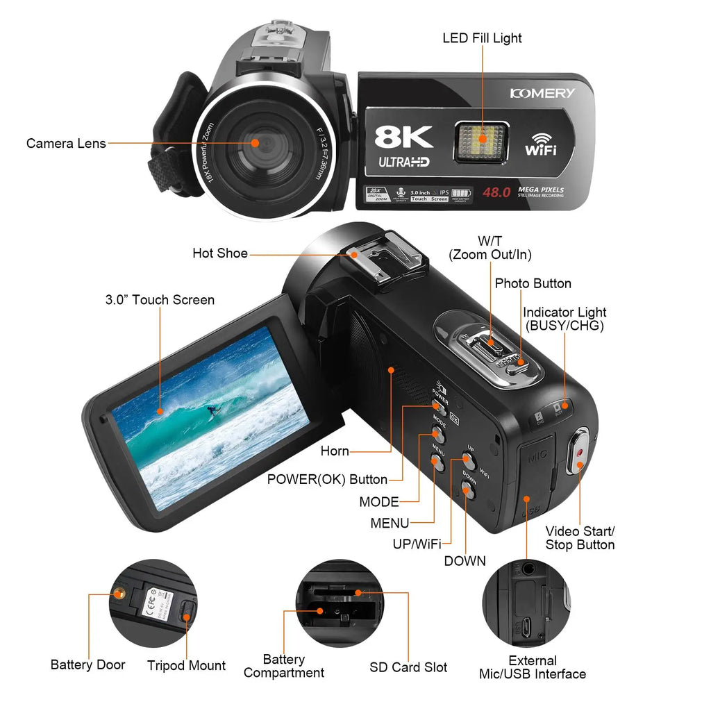 Caméscope 8K 64MP KOMERY AF6 – Écran Tactile Rotatif 3", Zoom 18x, WiFi, HDMI, Vision Nocturne IR – CLEVI Paris