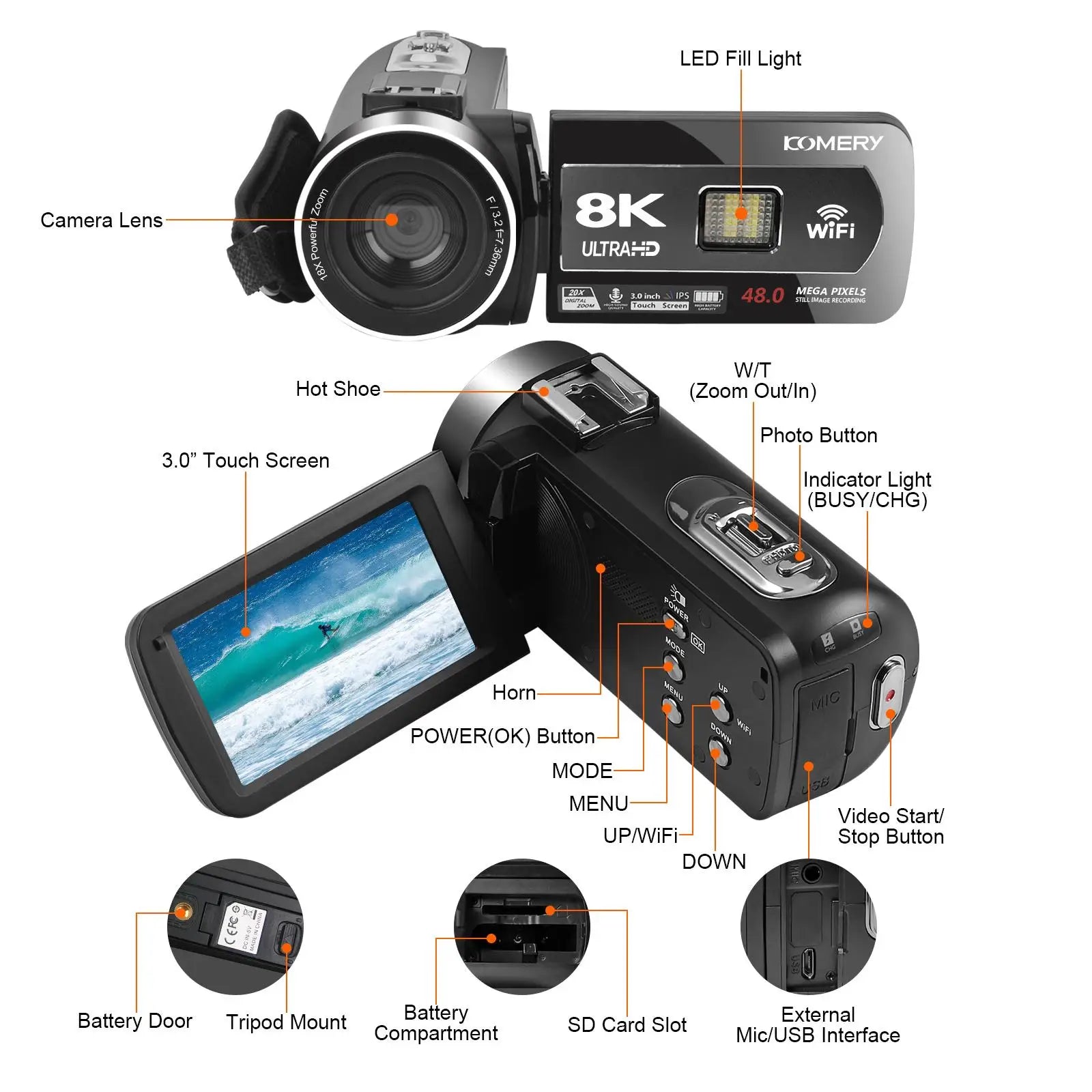 Caméscope 8K 64MP KOMERY AF6 – Écran Tactile Rotatif 3", Zoom 18x, WiFi, HDMI, Vision Nocturne IR – CLEVI Paris