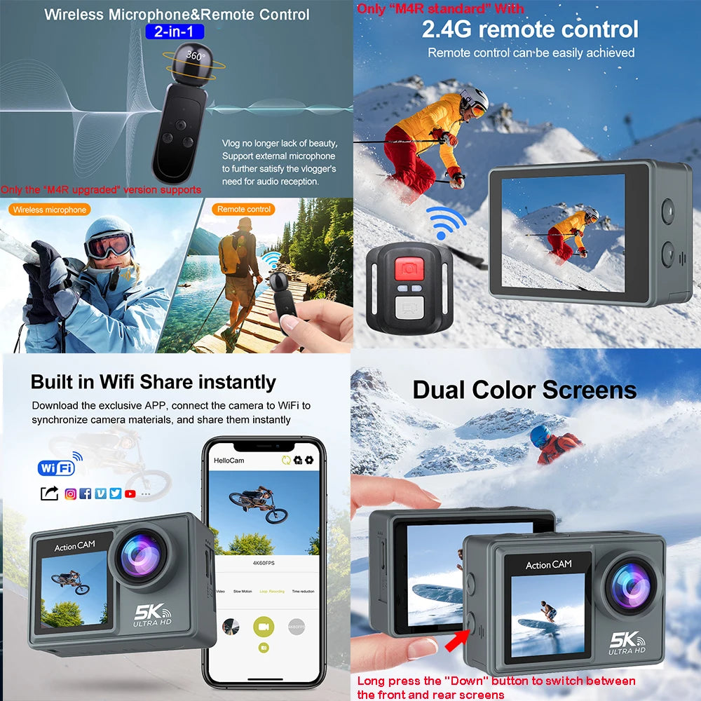 Action Cam HUAFANT M4R 5K 4K60fps – EIS 6 Axes, Grand Angle 170°, Étanche 30m, Micro Sans Fil, Double Écran IPS, WiFi – CLEVI Paris