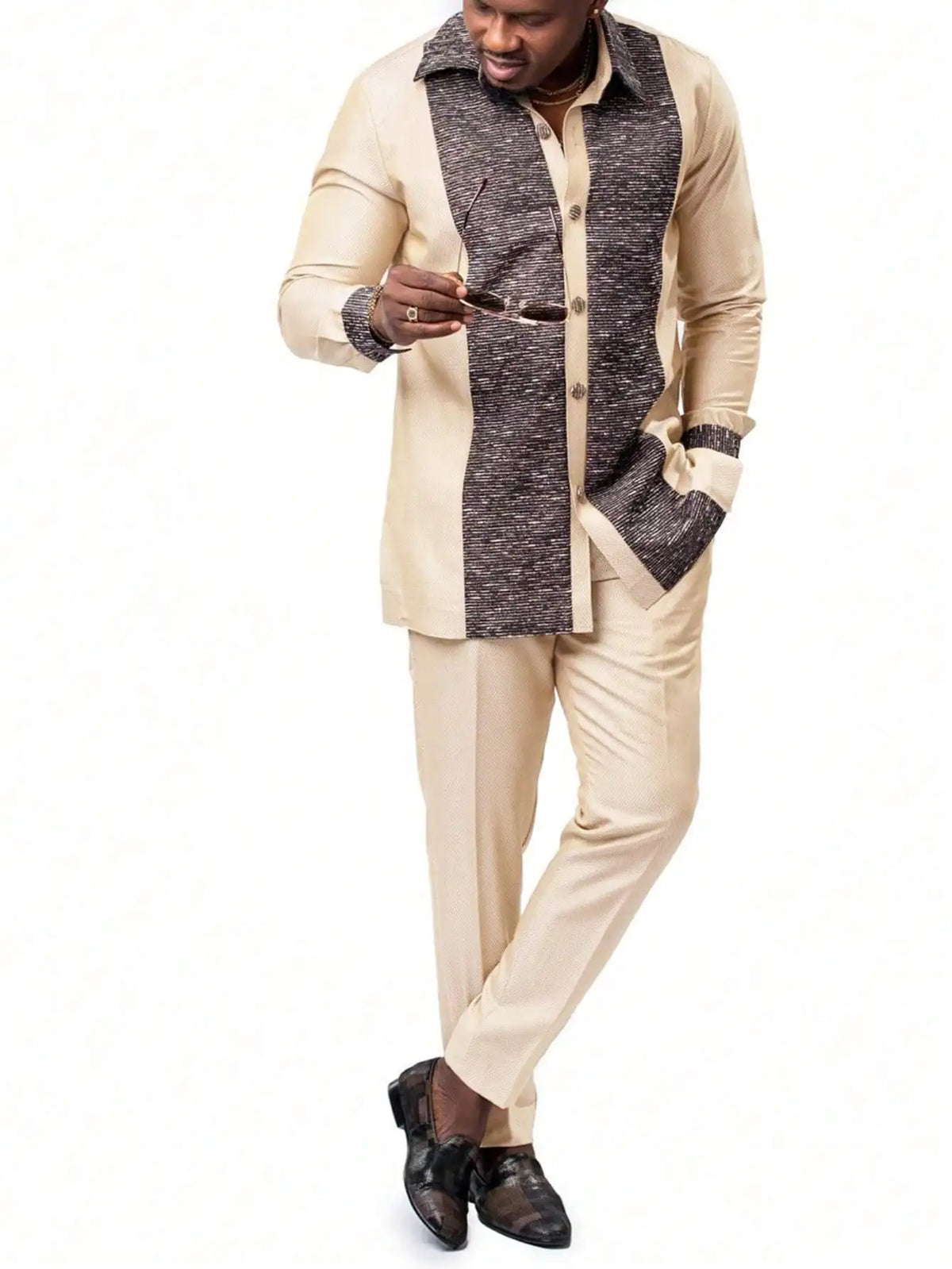 Ensemble Kaftan Homme 2 Pièces Broderie Manches Longues Col Rond + Pantalon Cordon Style Africain Mariage M-4XL – CLEVI Paris