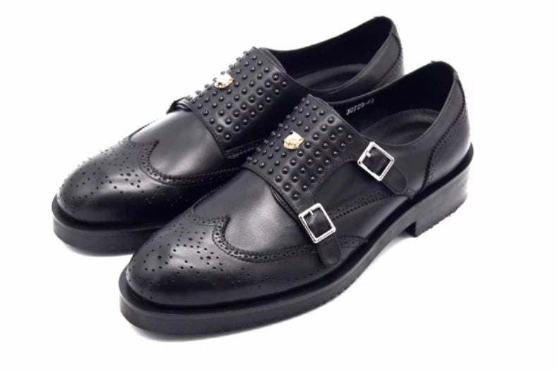 Oxford Monk Strap Rivets Noir – Cuir Vache | Semelle Caoutchouc | Homme