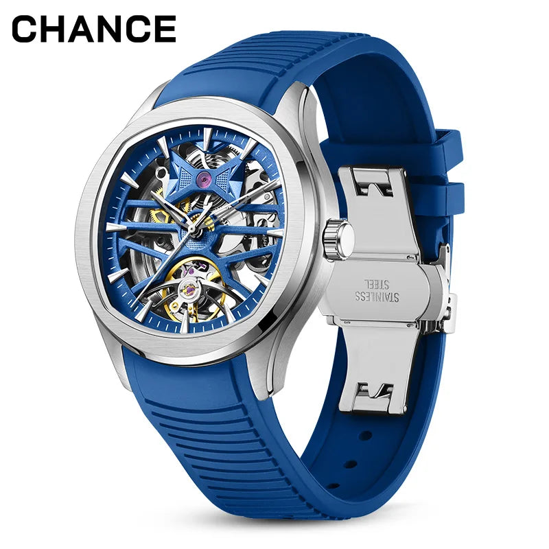 Montre Mécanique Homme Squelette Tourbillon – Boîtier Ovale Acier, Aiguilles Lumineuses & 3 Coloris