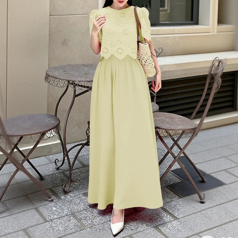 Ensemble 2 Pièces Femme Top Brodé Ajouré Manches Courtes Jupe Longue A-Line Style Bohème Été – CLEVI Paris