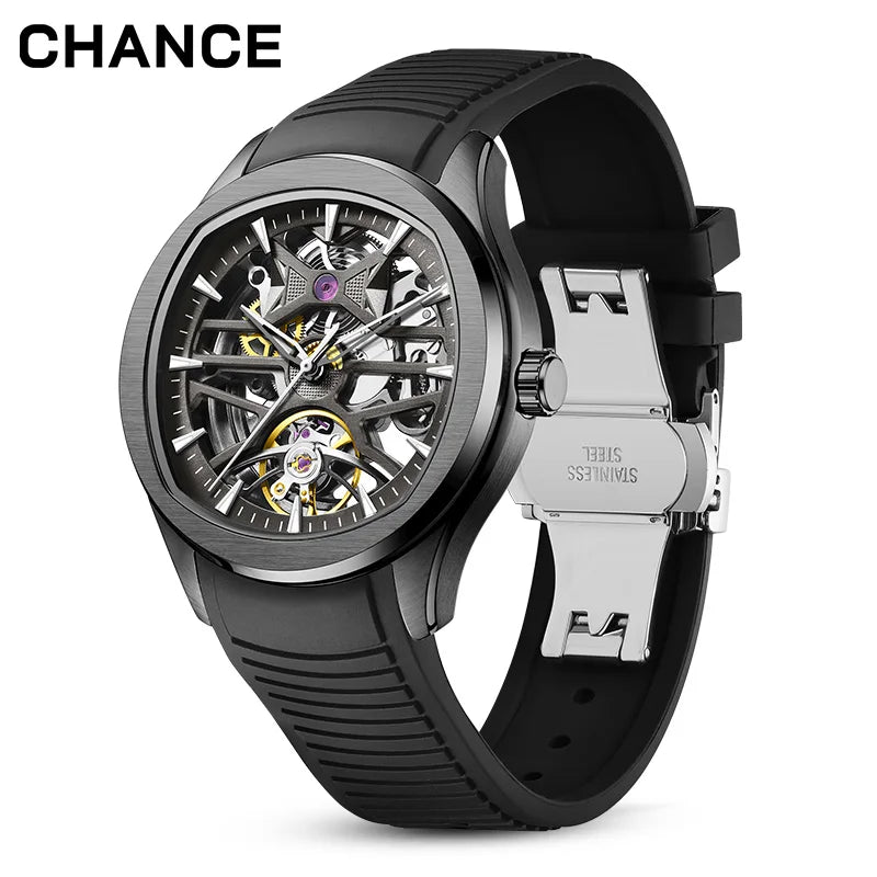 Montre Mécanique Homme Squelette Tourbillon – Boîtier Ovale Acier, Aiguilles Lumineuses & 3 Coloris