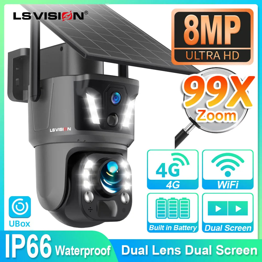 Caméra Solaire LS VISION 8MP Zoom 99x PTZ 355° 4G/Wi-Fi Portée 2000m IR 40m IP66 UBox – CLEVI Paris