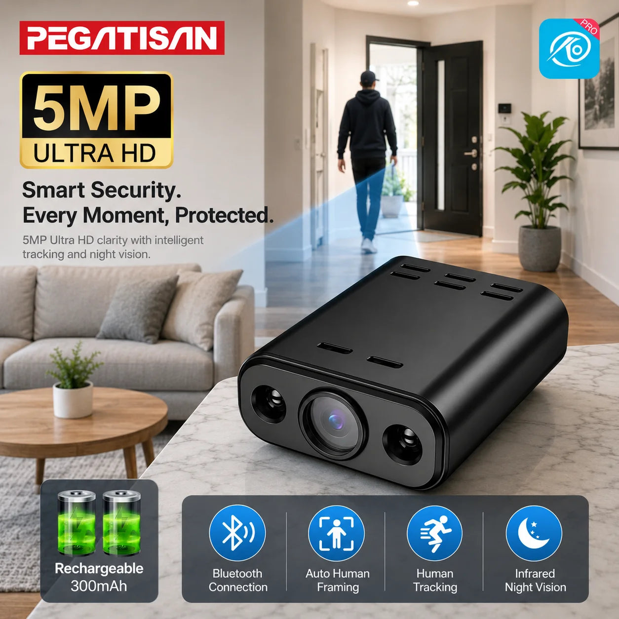 Mini Caméra de Surveillance PEGATISAN – 5MP WiFi Vision Nocturne IR 10m Détection IA Alertes App O-Kam Pro 33mm – CLEVI Paris