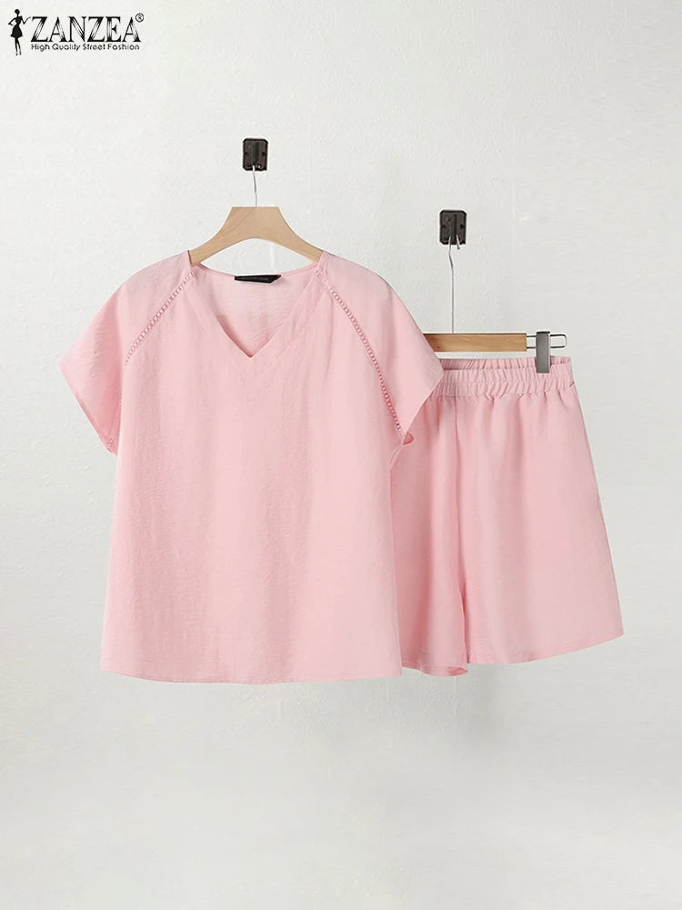 Ensemble 2 Pièces Femme T-Shirt Col V Insert Dentelle Manches Courtes Short Casual Été – CLEVI Paris