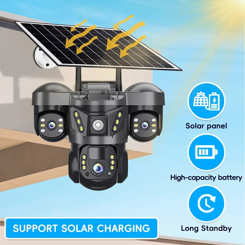 Caméra Solaire 4G Triple Objectif 15MP – Triple Écran Batterie 8000mAh Panneau 8W IP66 – CLEVI Paris