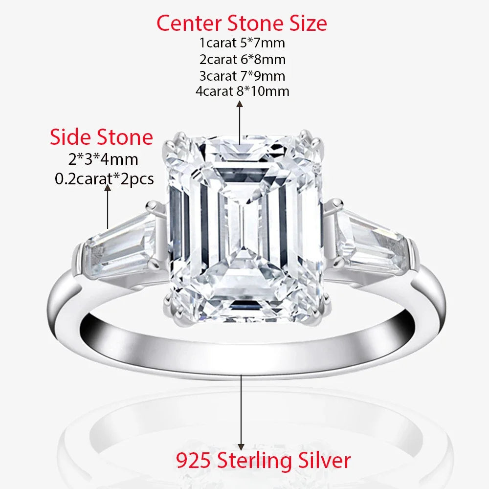 Bague Fiançailles Moissanite 1-4 Carats Taille Emerald & Radiant – Argent 925 Plaqué Platine