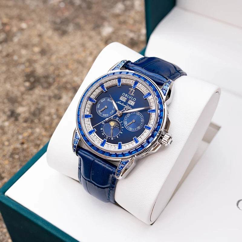 OBLVLO Montre Automatique Homme Multifonction TY1655 Saphir Cuir 41mm 50m – CLEVI Paris