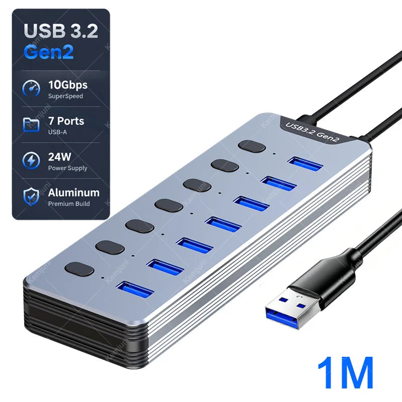 Hub USB 3.0 7 Ports Interrupteurs Individuels Alimentation 24W 5Gbps – CLEVI Paris