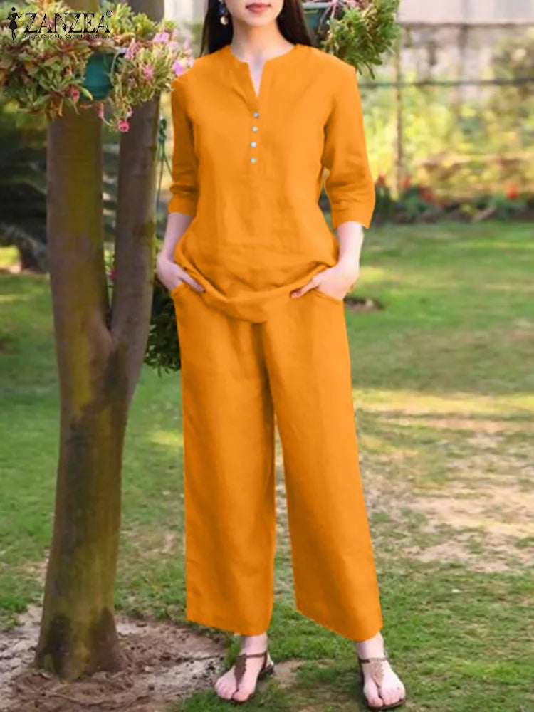 Ensemble 2 Pièces Femme Blouse Col V Manches 3/4 + Pantalon Large Taille Haute Casual Chic – CLEVI Paris