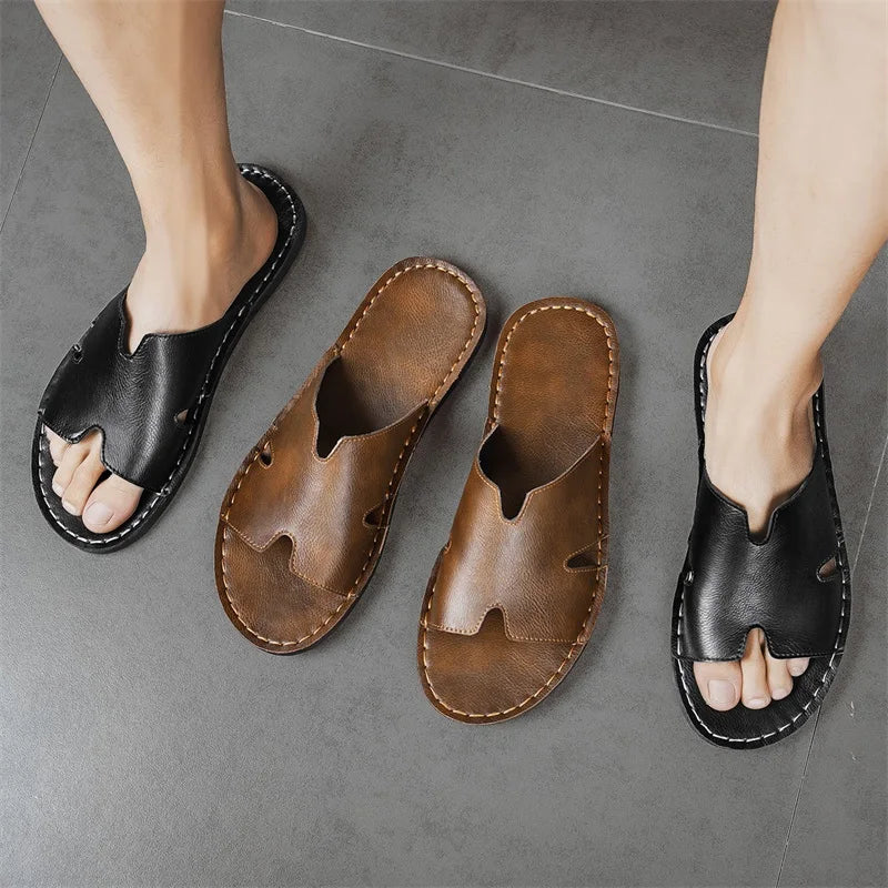 Chaussons Homme Été – Synthétique Antidérapant, Semelle Caoutchouc, Style Casual Outdoor | Noir ou Marron