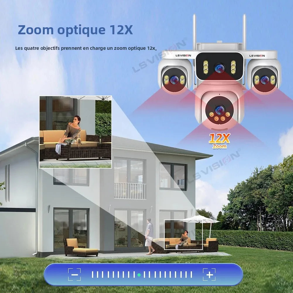 Caméra Solaire 4G PTZ 4 Objectifs 20MP – Zoom Optique 12x Batterie 16000mAh Panneau 20W Enregistrement 24/7 IP66 – CLEVI Paris