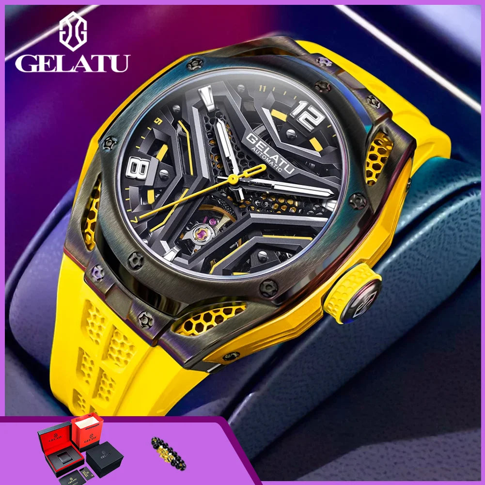 Montre Mécanique Homme GELATU 6007 – Squelette Automatique, Saphir & Bracelet Silicone Sport