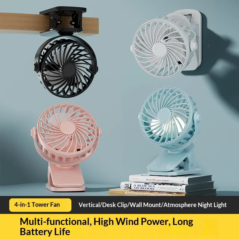 Mini Ventilateur à Pince Rechargeable USB 720° Veilleuse Intégrée — CLEVI Paris
