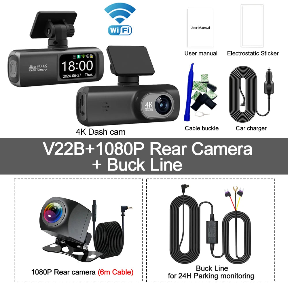 Dashcam 4K WiFi V22B – Double Objectif, GPS, Caméra Arrière 1080p, Surveillance Parking 24h – CLEVI Paris