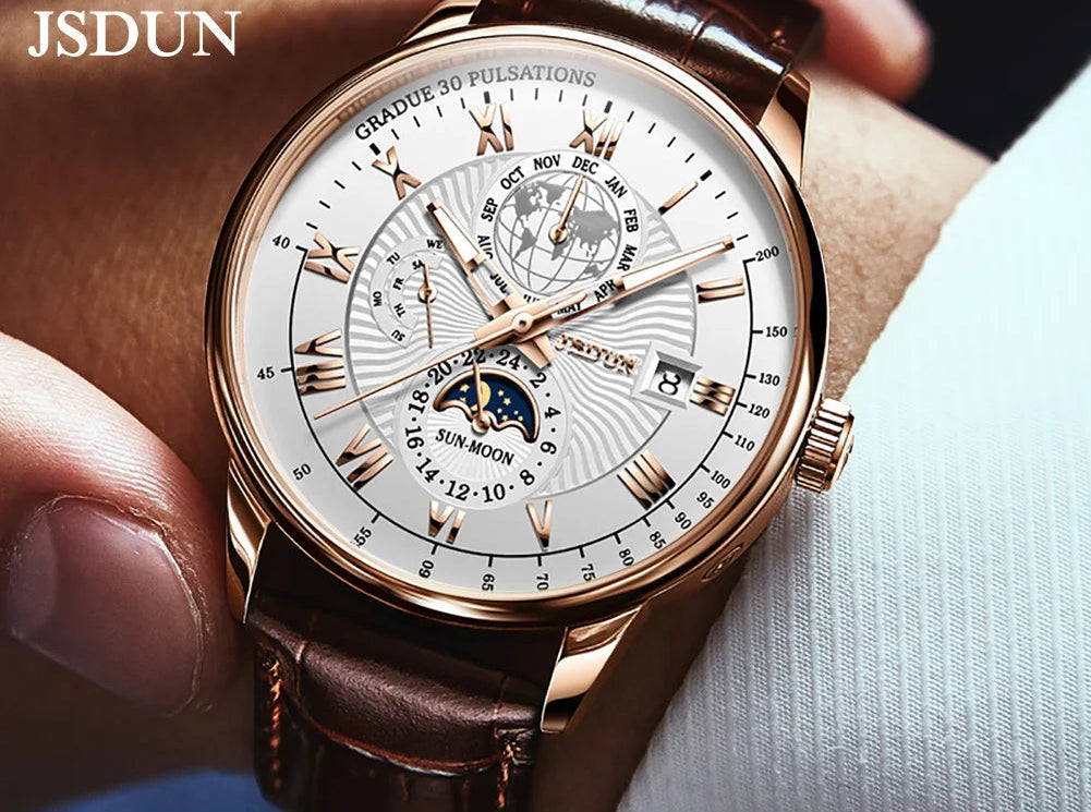 Montre JSDUN 8909 – Automatique, Phase de Lune, Calendrier, Chiffres Romains, Bracelet Cuir, Étanche 5 ATM – CLEVI Paris