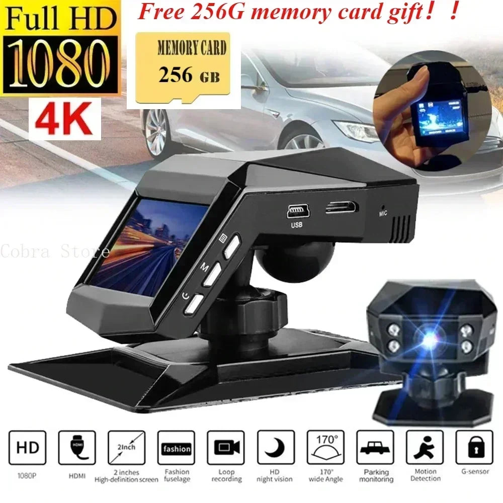 Dashcam 4K Full HD 1080P – Grand Angle 170°, Vision Nocturne, Enregistrement en Boucle – Carte 256Go Offerte