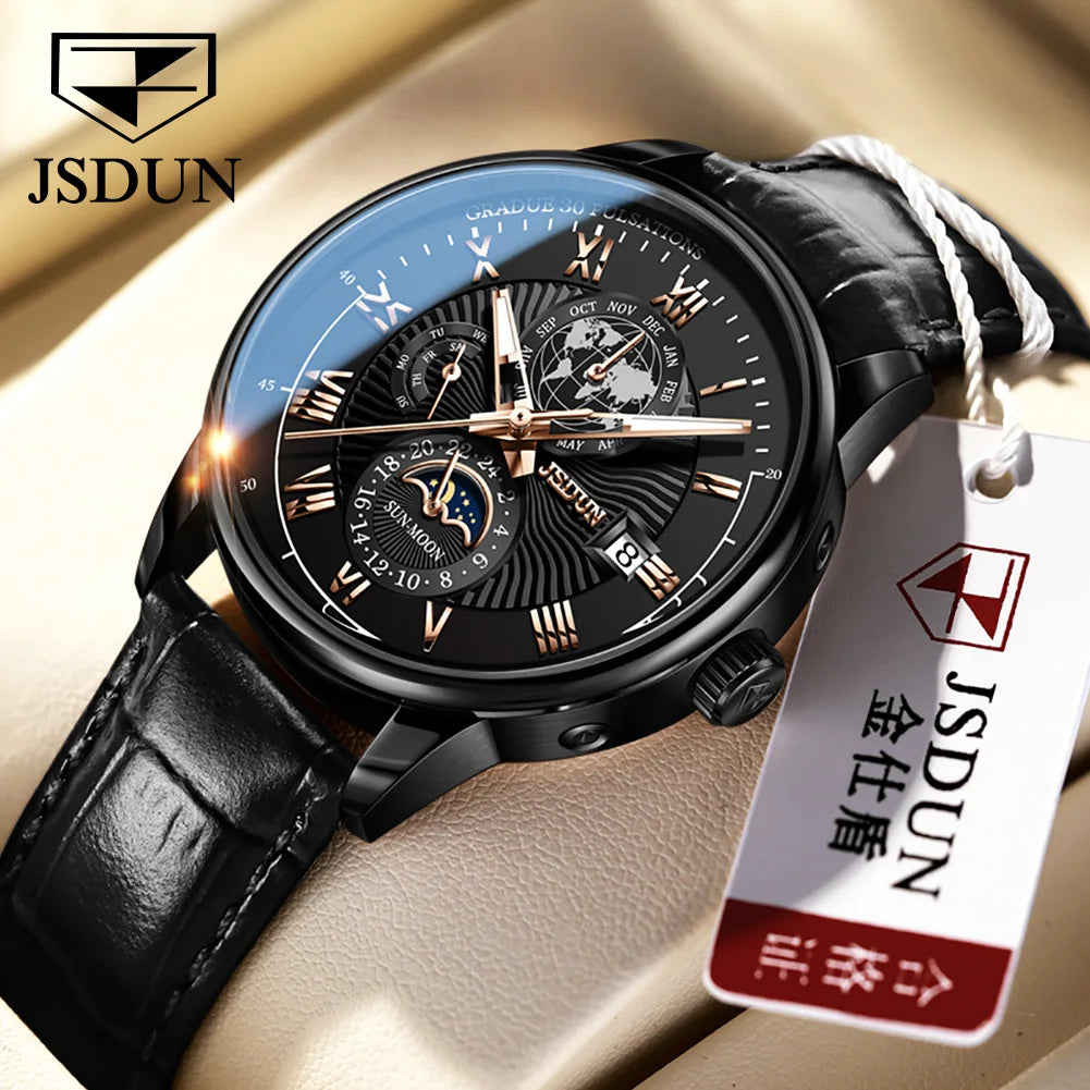 Montre JSDUN 8909 – Automatique, Phase de Lune, Calendrier, Chiffres Romains, Bracelet Cuir, Étanche 5 ATM – CLEVI Paris