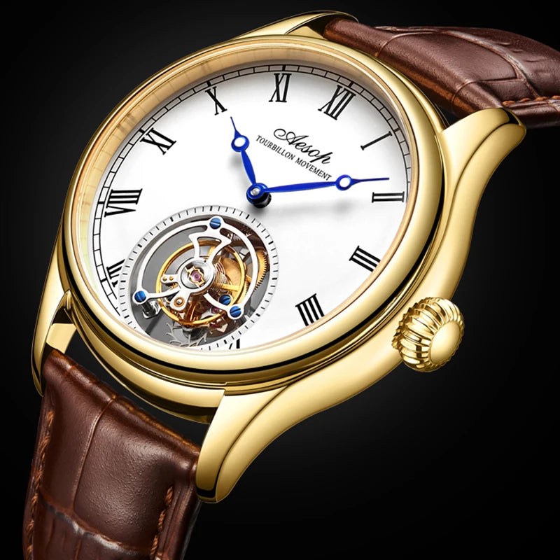 Montre AESOP Tourbillon Volant – Mécanique Squelette Double Face, Verre Saphir, Acier Inoxydable, Cuir, Étanche 5 ATM – CLEVI Paris