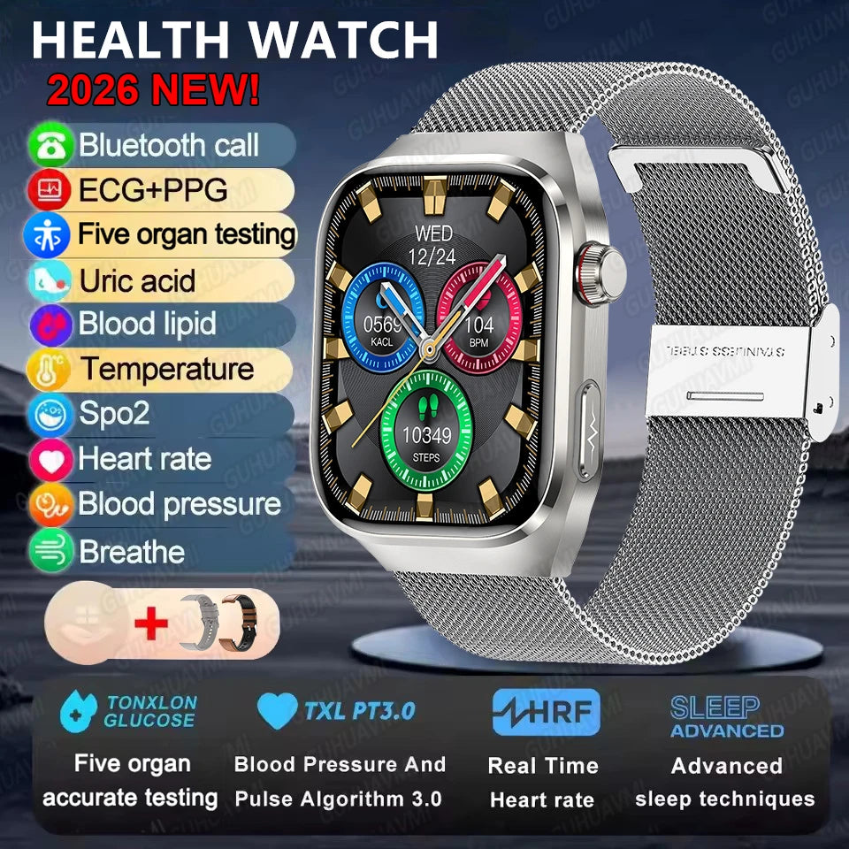 Montre Connectée Santé ECG Acide Urique IMC 5 Organes | AMOLED Verre Saphir IP68