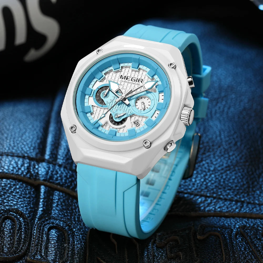 MEGIR 8118 Montre Homme Chronographe Quartz Bracelet Silicone 45mm Lumineux Calendrier 3 ATM 5 Coloris – CLEVI Paris