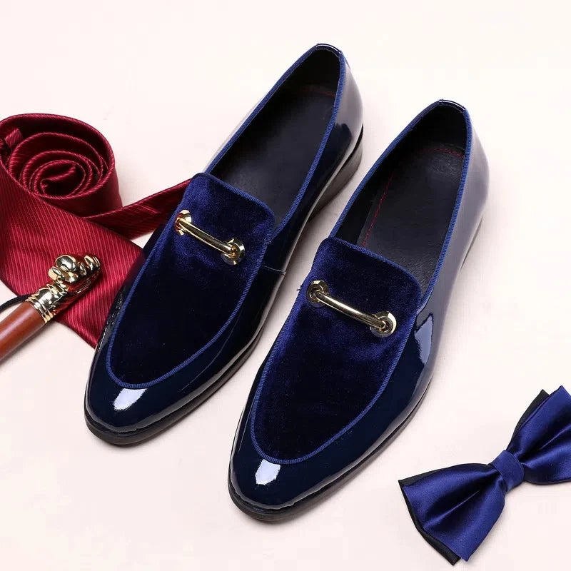 Loafers Homme Velours Cuir Verni Accent Doré Horsebit | Noir, Bleu – CLEVI Paris
